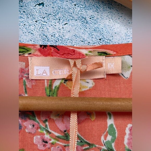 La Cera Button Front Short Sleeve coral floral print Dress  size 1X - Picture 5 of 10